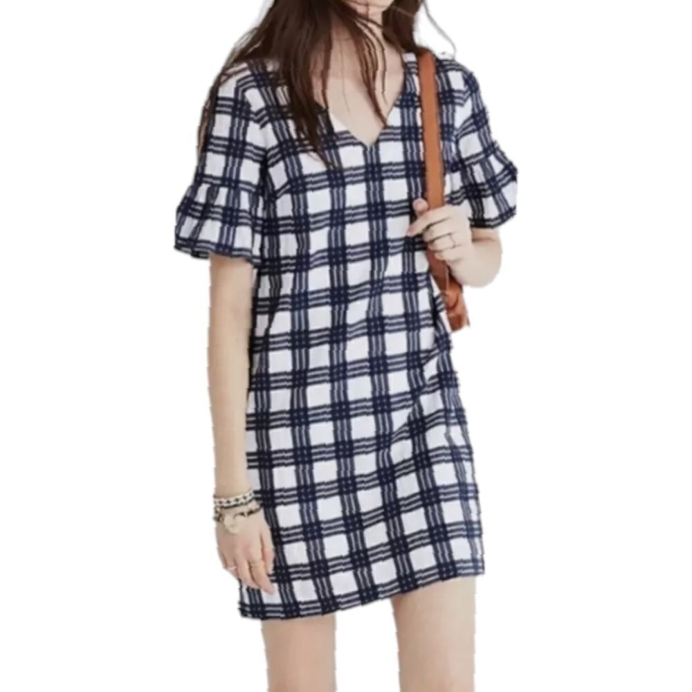 🌼4/$30 🤍 Madewell Leighton Dress | Plaid Windowpane | Ruffle Sleeve | Size 2